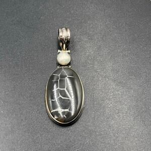 Black Septarian Stone And White Freshwater Pearl Sterling‎ Silver 925 Pendant